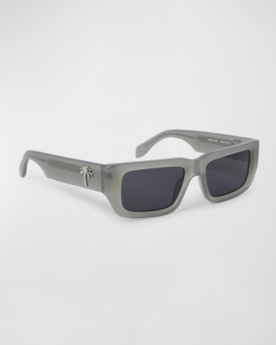 Shop Palm Angels Men's Sutter Acetate Rectangle Sunglasses In Glassier Gray