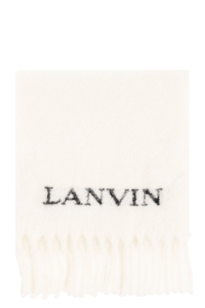 Shop Lanvin Logo Detailed Fringed Scarf In Beige