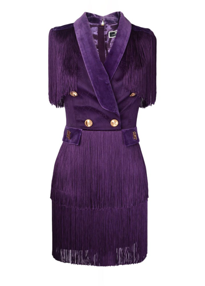 Shop Elisabetta Franchi Double Breasted Fringed Coat Dress In Purple