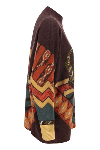 Shop Etro Wool Sweater With Patchwork Print In Bordeaux