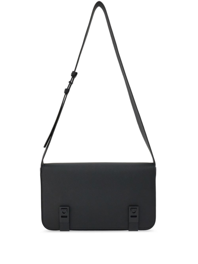 Shop Ferragamo Black Gancini-plaque Leather Shoulder Bag