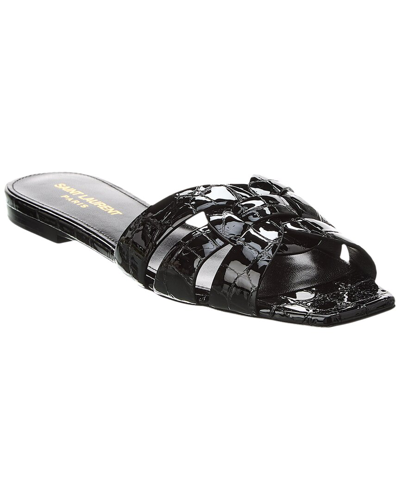 Shop Saint Laurent Tribute Croc-embossed Leather Sandal In Black