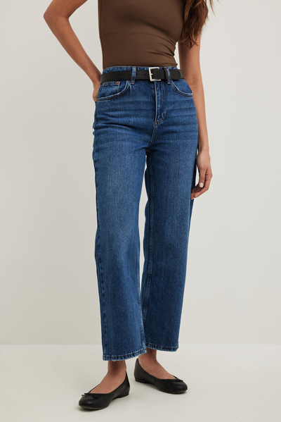 Shop Na-kd Straight High Waist Cropped Jeans Blue In Mid Blue
