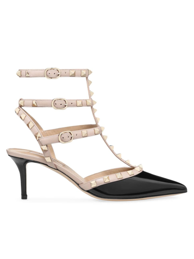 Valentino Rockstud Caged 65 Leather Ankle Strap Pump In Black Poudre
