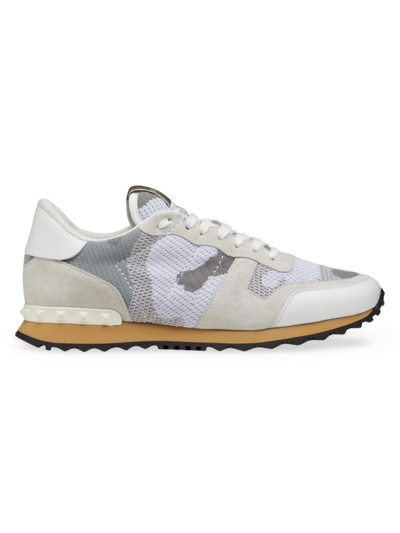 Shop Valentino Men's Mesh Fabric Camouflage Rockrunner Sneakers In White Pastel Grey