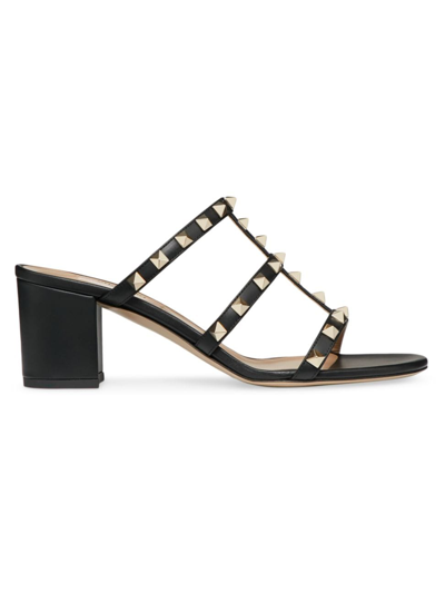Valentino Rockstud Leather Sandals With Iconic Side Studs In Black