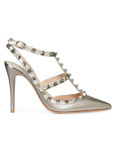 Shop Valentino Women's Rockstud Metallic Ankle Strap Pumps 100 Mm In Silver