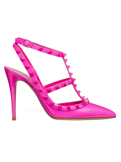 Shop Valentino Women's Rockstud Ankle Strap Patent-leather Pumps With Tonal Studs 100 Mm In Pink