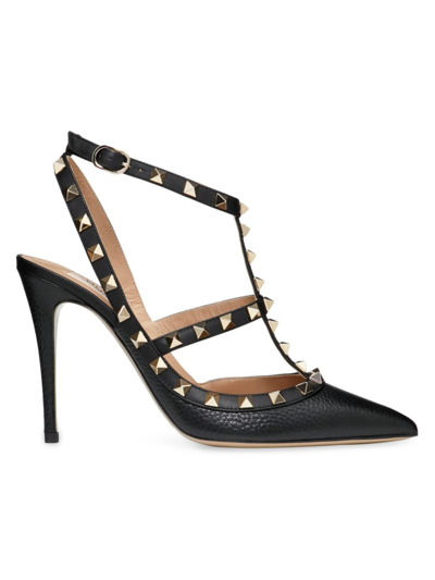 Shop Valentino Women's Rockstud Grainy Leather Ankle Strap Pumps 100 Mm In Black