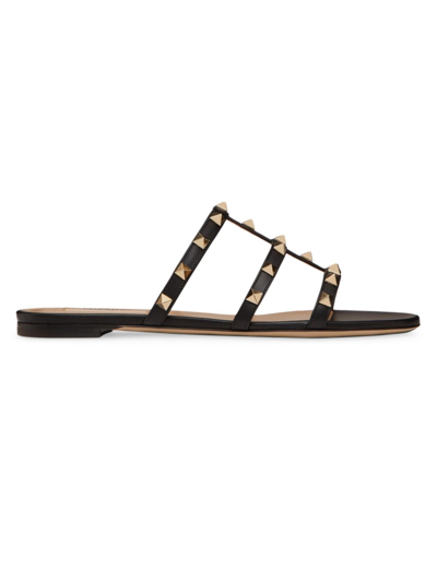 Valentino Rockstud Slide Sandal In Laminated Nappa With Cabochon In Black