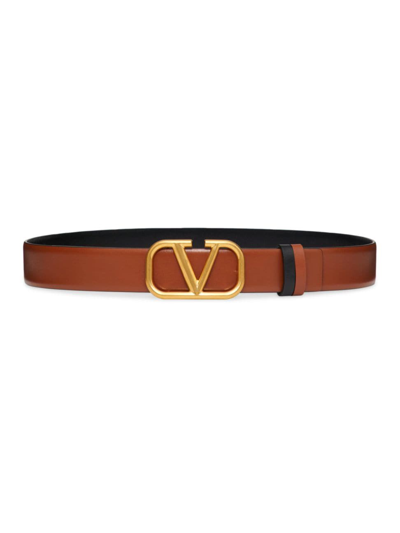 Shop Valentino Women's Reversible Vlogo Signature Belt In Glossy Calfskin 30mm In Saddle Brown Black