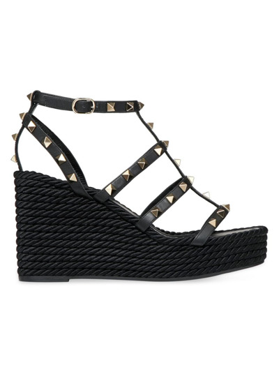 Shop Valentino Women's Rockstud Ankle Strap Wedge Sandals In Calfskin Leather 95 Mm In Black