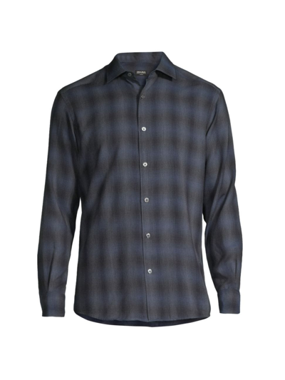 Shop Zegna Men's Plaid Cotton-cashmere Shirt In Blue