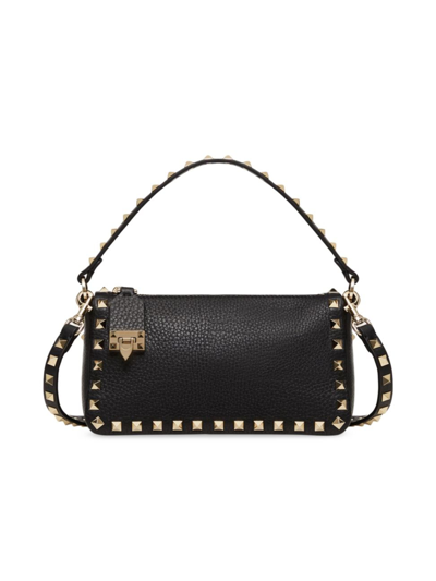 Shop Valentino Women's Small Rockstud Grainy Calfskin Crossbody Bag In Black