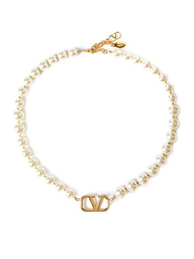 Shop Valentino Women's Vlogo Signature Metal Necklace With Swarovski Pearls In Gold