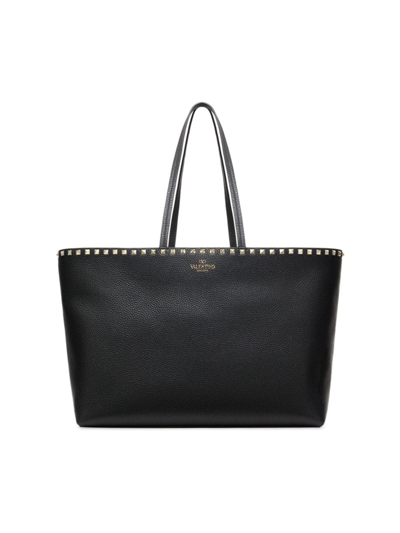 Shop Valentino Women's Rockstud Grainy Calfskin Tote Bag In Black