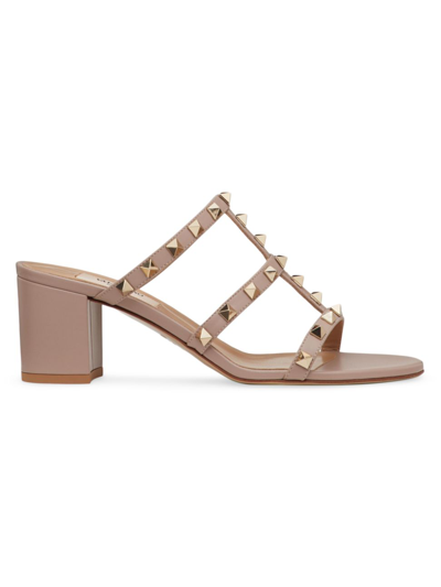 Shop Valentino Women's Rockstud Calfskin Leather Slide Sandals 60mm In Poudre