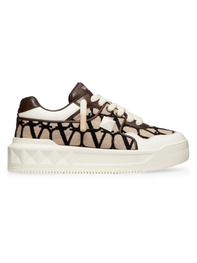 Shop Valentino Men's One Stud Xl Low Top Sneakers In Nappa Leather In Beige Black