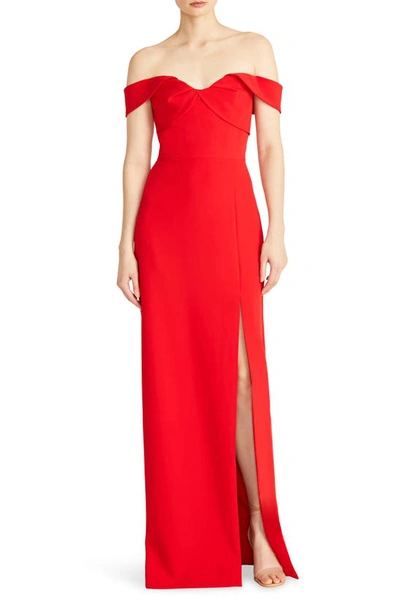 Shop ml Monique Lhuillier Vivian Off The Shoulder Sheath Gown In Rouge