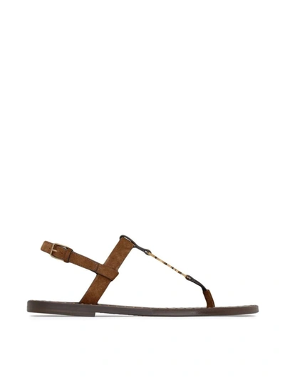 Shop Saint Laurent Cassandra Ysl Logo Plaque Flat Sandals In Brown
