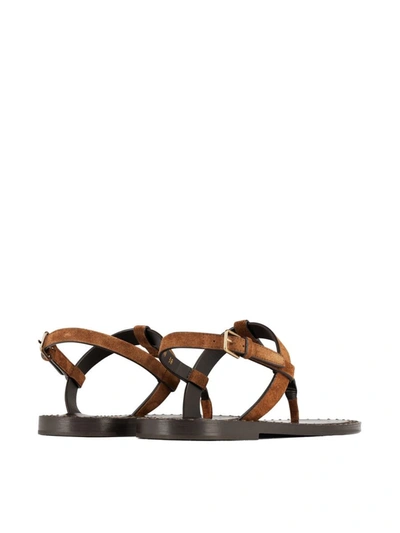 Shop Saint Laurent Cassandra Ysl Logo Plaque Flat Sandals In Brown