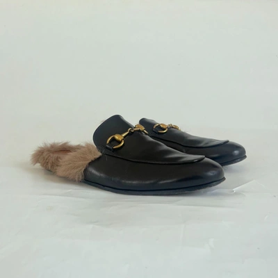 Pre-owned Gucci Princetown Horsebit-detailed Shearling-lined Leather Black Slippers, Size 40