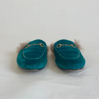 Pre-owned Gucci Turquoise Velvet Princetown Fur Mules, Size 39
