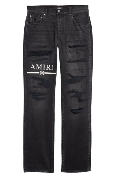 Shop Amiri Ma Bar Logo Ripped & Repaired Straight Leg Jeans In Aged Black