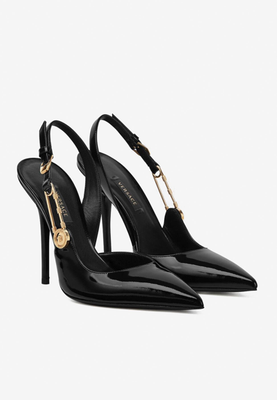 Shop Versace 110 Safety Pin Slingback Pumps In Patent Leather In Black