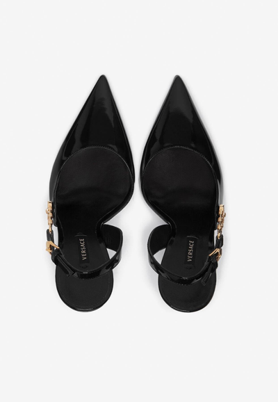 Shop Versace 110 Safety Pin Slingback Pumps In Patent Leather In Black