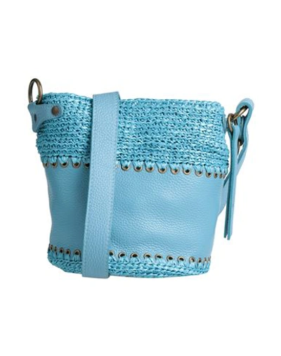 Shop Corsia Woman Cross-body Bag Azure Size - Soft Leather, Natural Raffia In Blue
