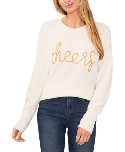 Shop Cece Women's Long-sleeve Cheers Script Sweater In Antique White