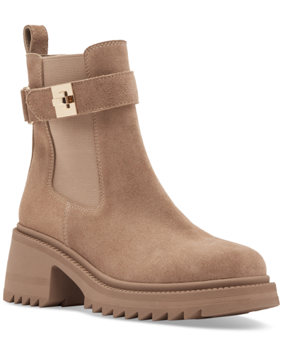 Shop Steve Madden Women's Gates Buckle-detailed Lug-sole Booties In Taupe Suede