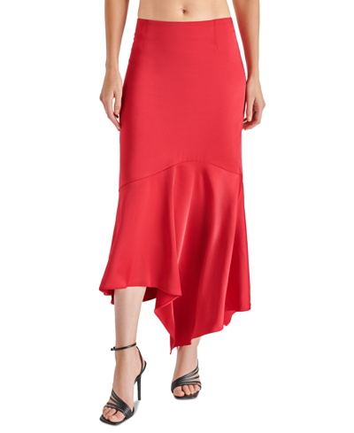 Shop Steve Madden Women's Lucille Satin Asymmetrical Hem Midi Skirt In Red