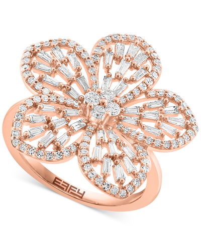 Shop Effy Collection Effy Diamond Round & Baguette Flower Ring (3/4 Ct. T.w.) In 14k Rose Gold