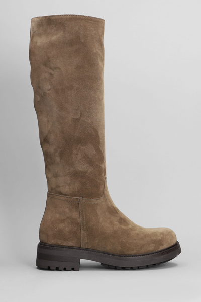 Shop Julie Dee Low Heels Boots In Taupe Suede