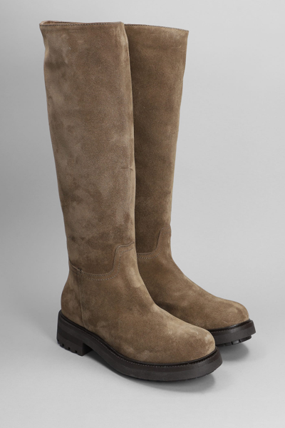 Shop Julie Dee Low Heels Boots In Taupe Suede
