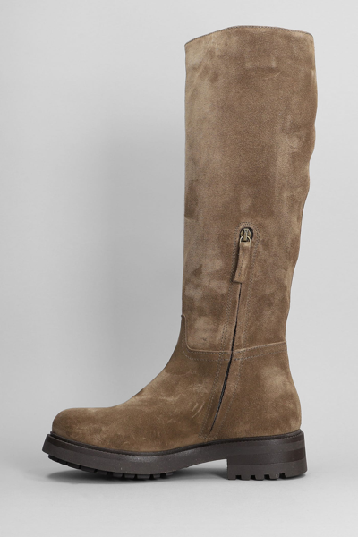 Shop Julie Dee Low Heels Boots In Taupe Suede