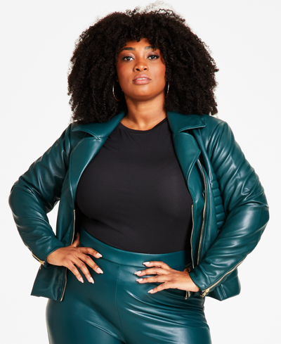 Shop Nina Parker Trendy Plus Size Quilted-side Moto Jacket In Ponderosa Pine