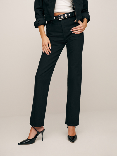 Shop Reformation Rowe Mid Rise Relaxed Straight Jeans In Black