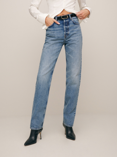 Shop Reformation Rowe Mid Rise Relaxed Straight Jeans In Loire