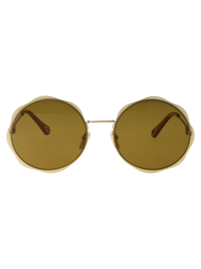 Chloé Round-frame Metal Sunglasses With Wavy Design In 001 Gold Gold Green