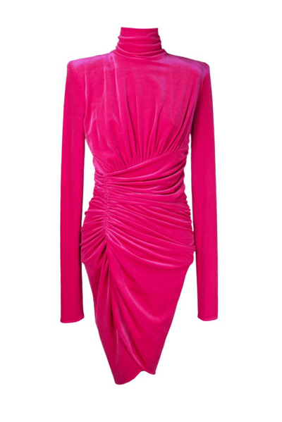 Shop Alexandre Vauthier Ruched High Neck Velvet Dress In Pink
