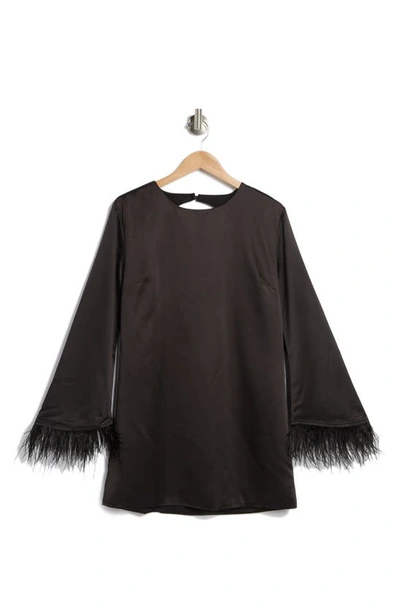 Shop Wayf Feather Trim Long Sleeve Satin Shift Dress In Black