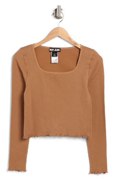 Shop Dkny Square Neck Lettuce Edge Crop Sweater In Vicuna