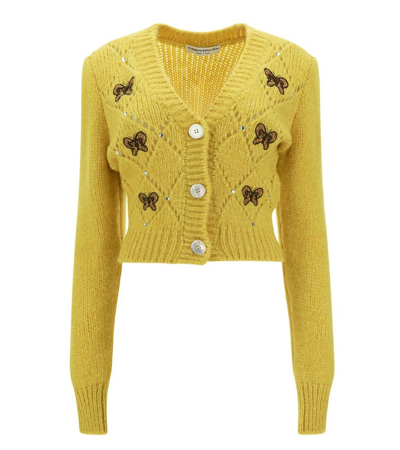 Shop Alessandra Rich Embellished Knitted Cardigan In Yellow