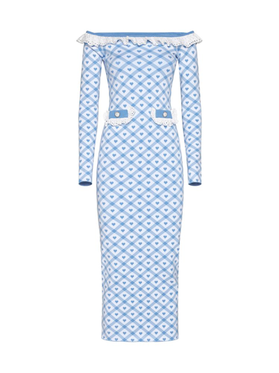 Shop Alessandra Rich Lace Trim Boat Neck Geometric Dress In Blue
