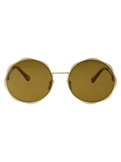 Chloé Round-frame Metal Sunglasses With Wavy Design In 001 Gold Gold Green
