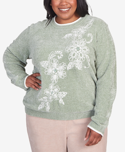 Shop Alfred Dunner Plus Size St.moritz Embroidered Chenille Crew Neck Sweatshirt In Sage