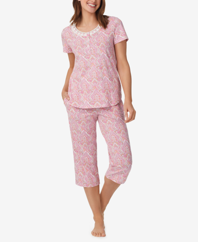 Shop Aria Women's Short Sleeve Top And Capri Pants 2 Piece Pajama Set In Pink Multi